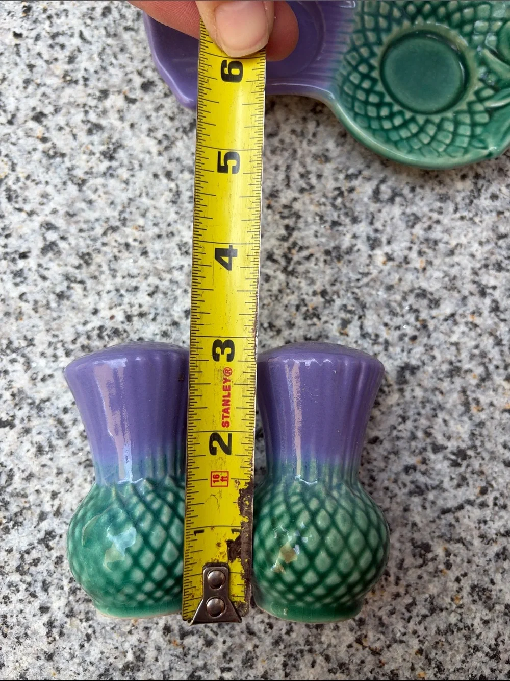 Stanley Purple and Green Ceramic Salt & Pepper Set with Tray